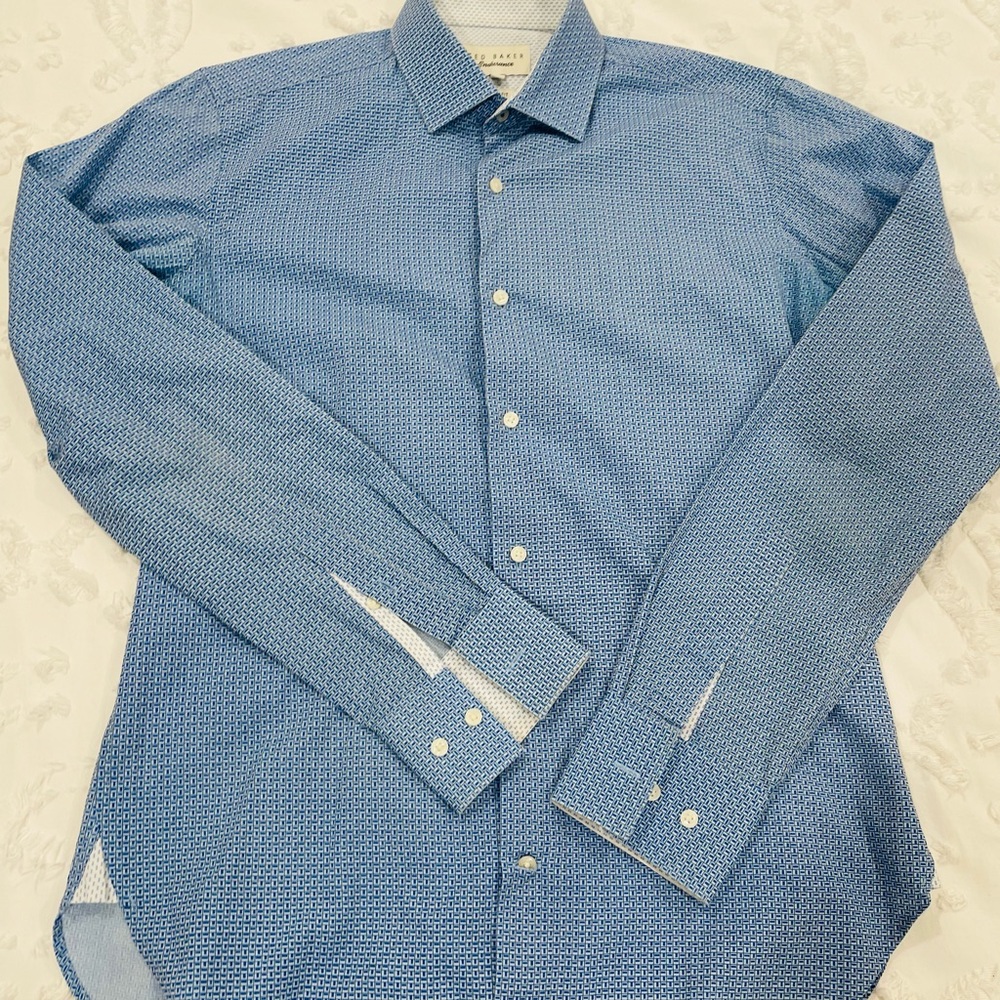 TED BAKER Endurance Blue Patterned Slim Fit Dress Shirt Size 15 (US Small)
